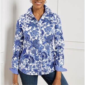 Talbots Non Iron Blue Floral Long Sleeve Size 14
